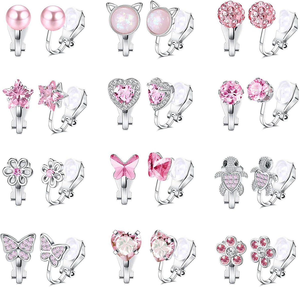 12Pairs Clip on Earrings for Girls Women Butterfly Flower Heart Rainbow Cat Multicolored Non-Pierced Earrings Cute Clip-on Earrings Set