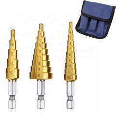3Pcs Metric Titanium Coated Step Drill Bit Set, HSS Cone Drill Bit with 1/4" Hex Shank Drive Quick Change（3-12 mm 4-12 mm 4-20 mm）for DIY Woodworking, Plastic Wood