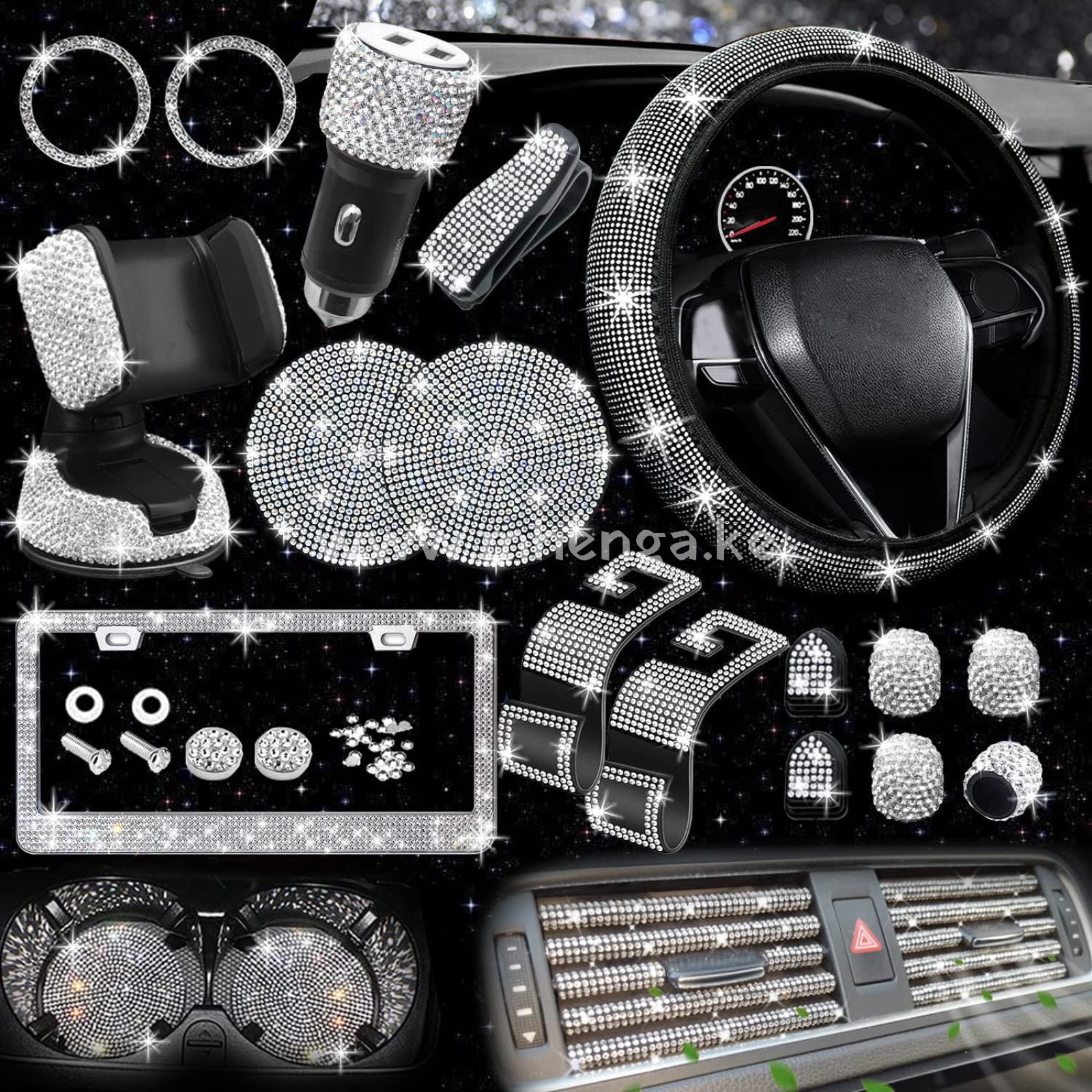 27 Pcs Bling Car Accessories Set For Women Steering Wheel Covers Universal Fit 15 Inch License