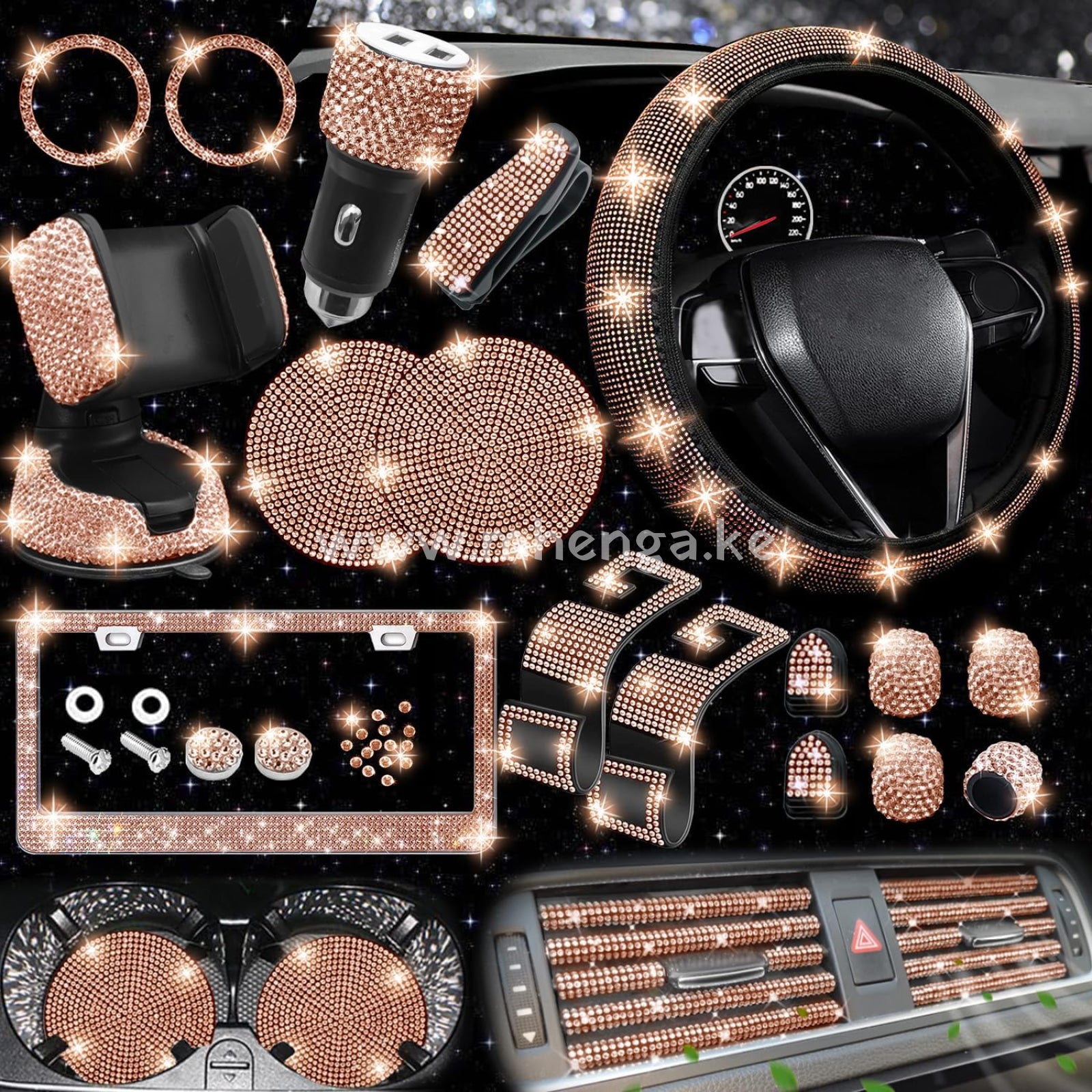 27 Pcs Bling Car Accessories Set For Women Steering Wheel Covers Universal Fit 15 Inch License