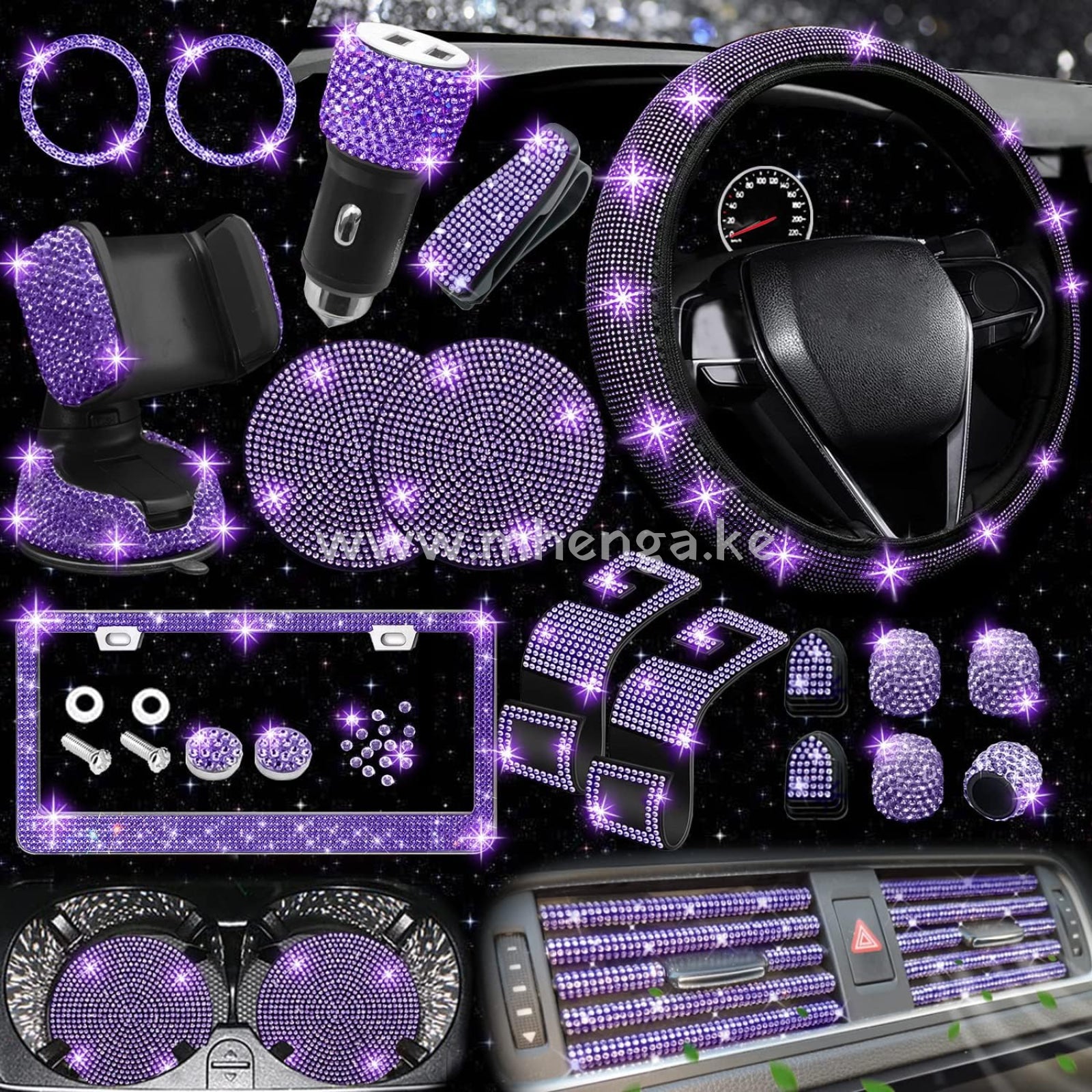 27 Pcs Bling Car Accessories Set For Women Steering Wheel Covers Universal Fit 15 Inch License