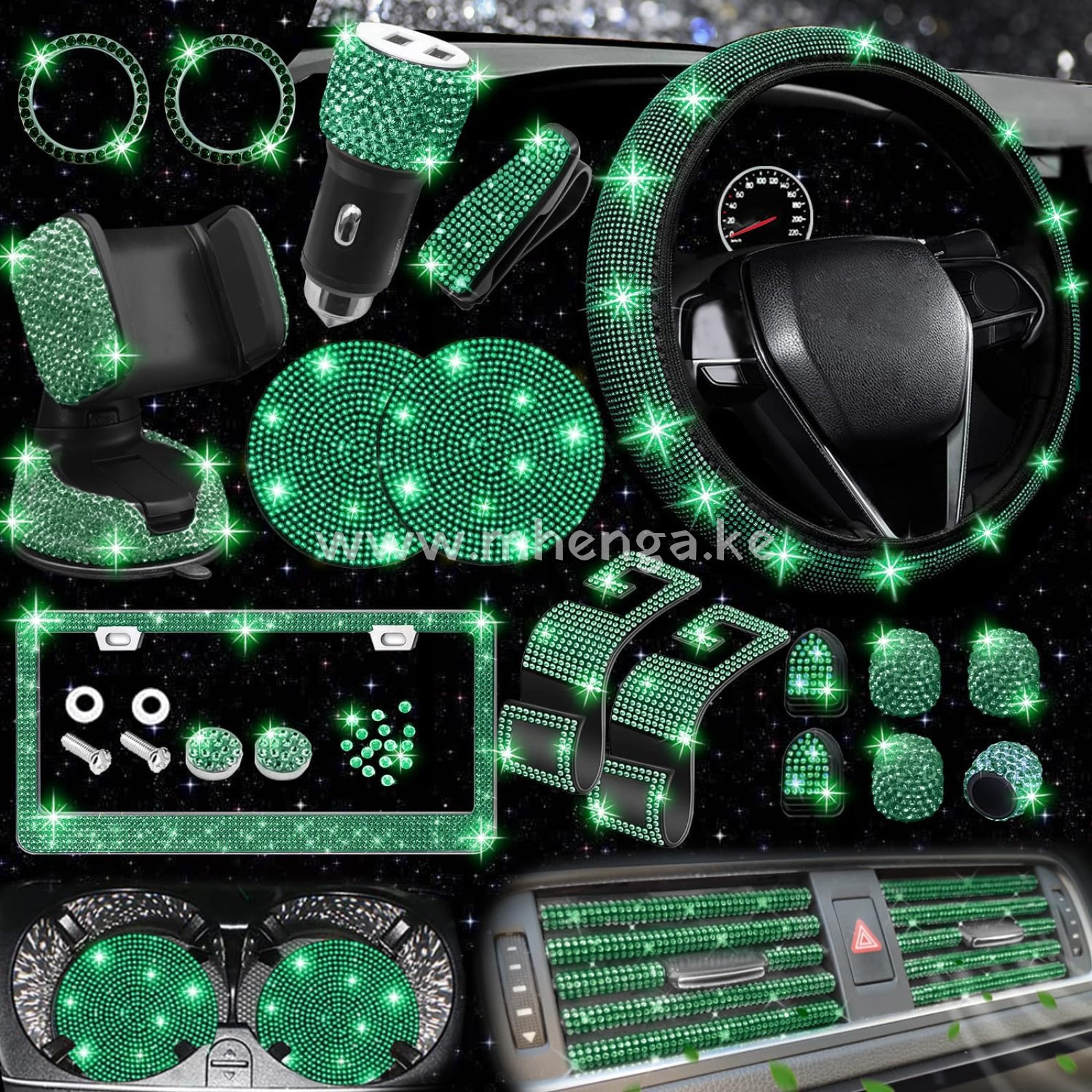 27 Pcs Bling Car Accessories Set For Women Steering Wheel Covers Universal Fit 15 Inch License