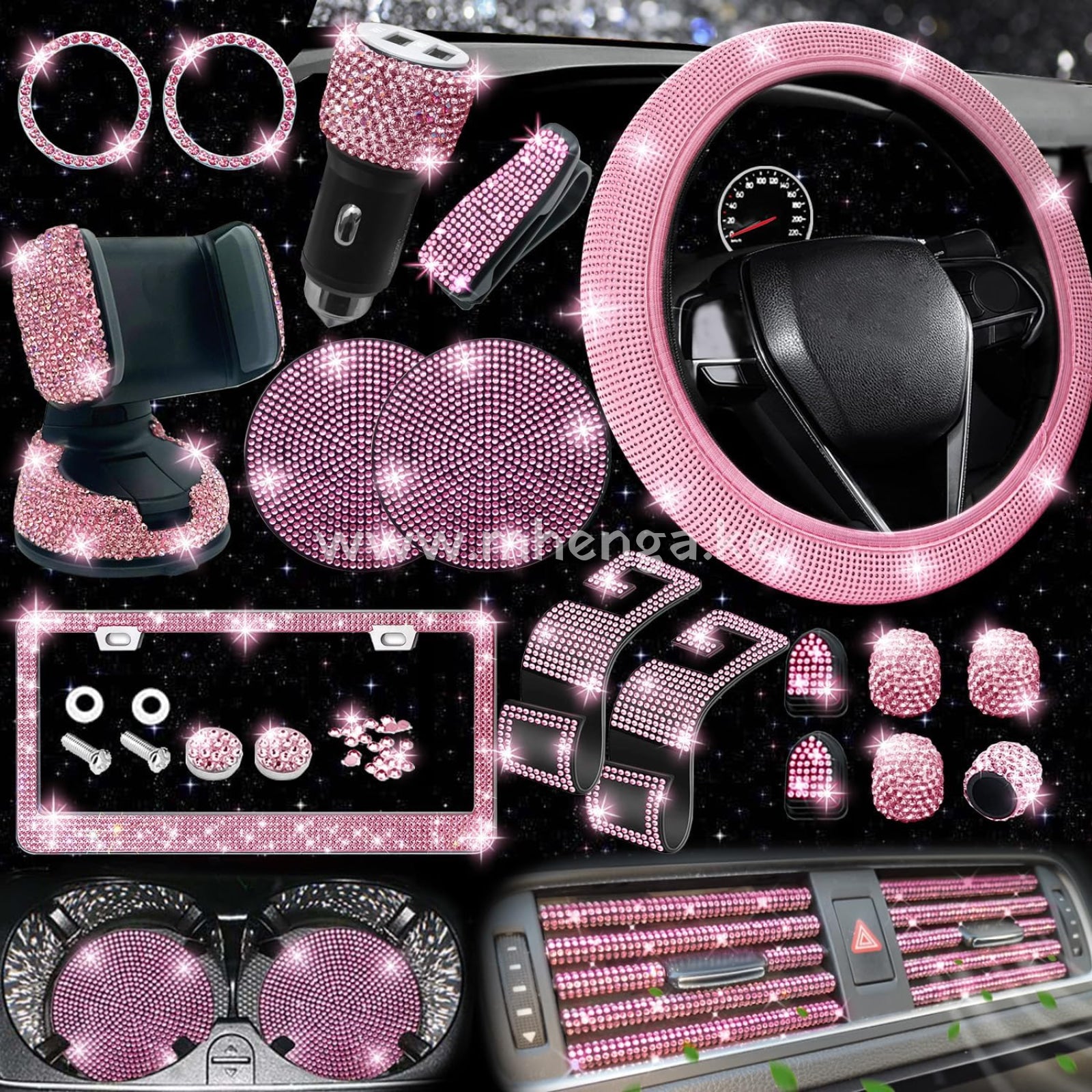 27 Pcs Bling Car Accessories Set For Women Steering Wheel Covers Universal Fit 15 Inch License