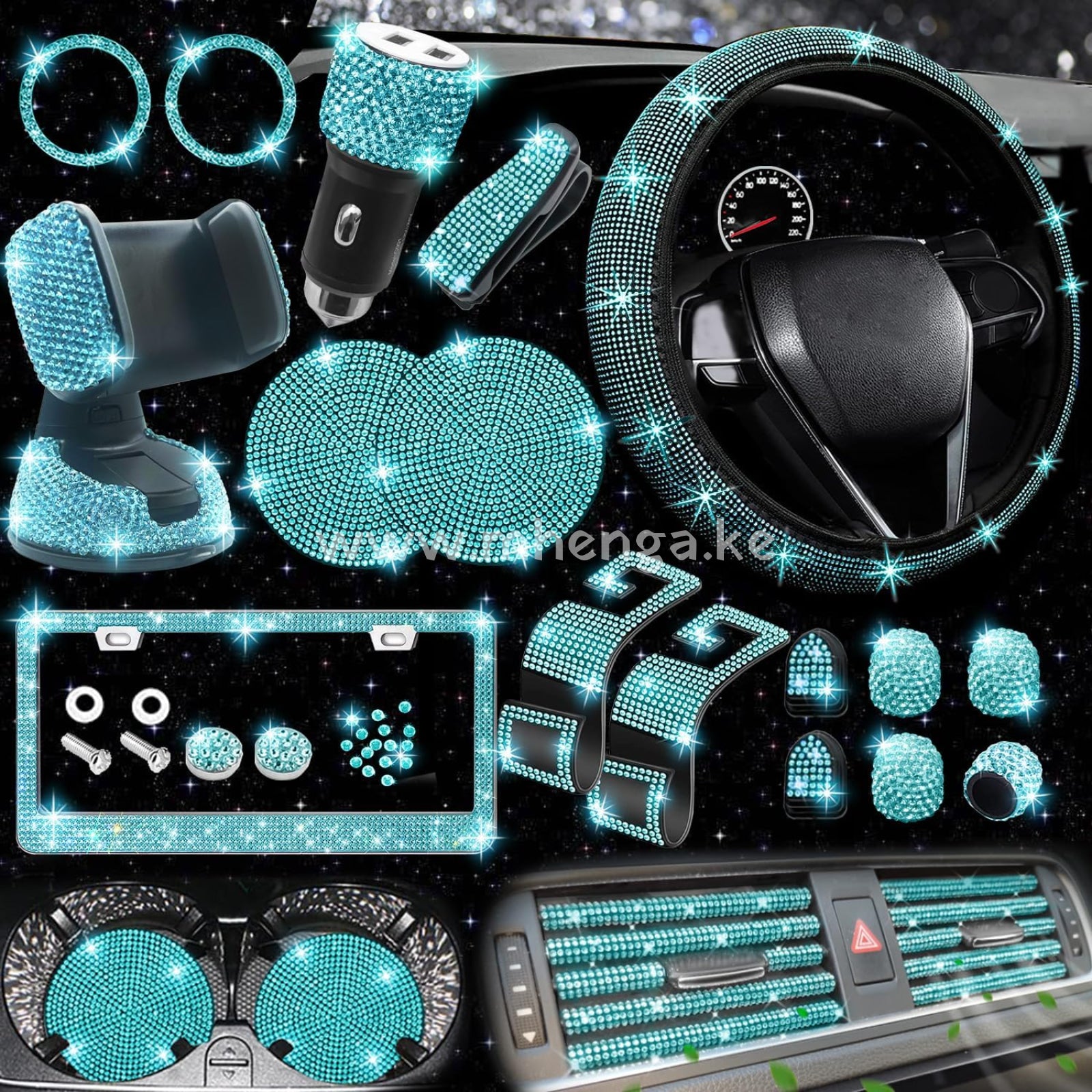 27 Pcs Bling Car Accessories Set For Women Steering Wheel Covers Universal Fit 15 Inch License