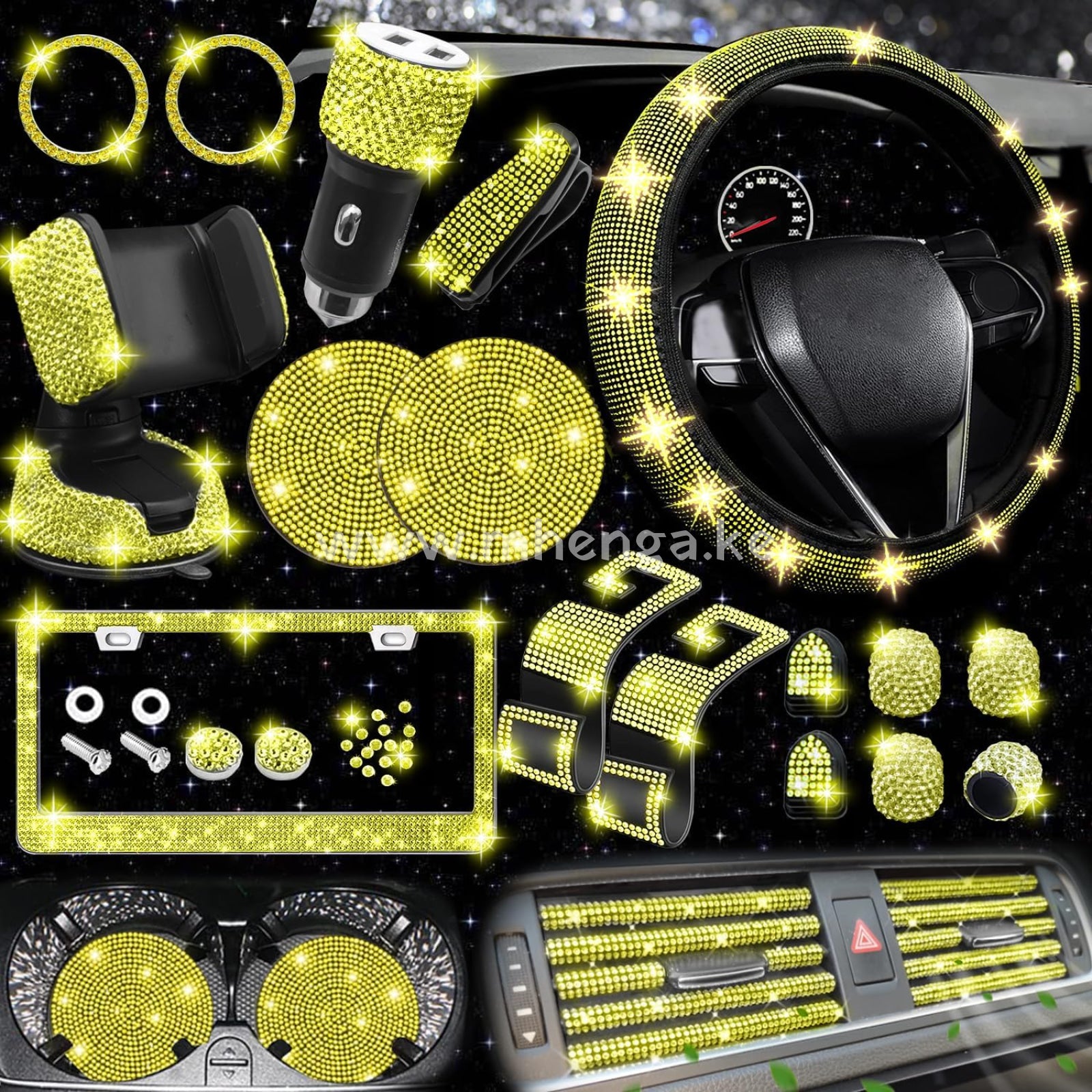 27 Pcs Bling Car Accessories Set For Women Steering Wheel Covers Universal Fit 15 Inch License