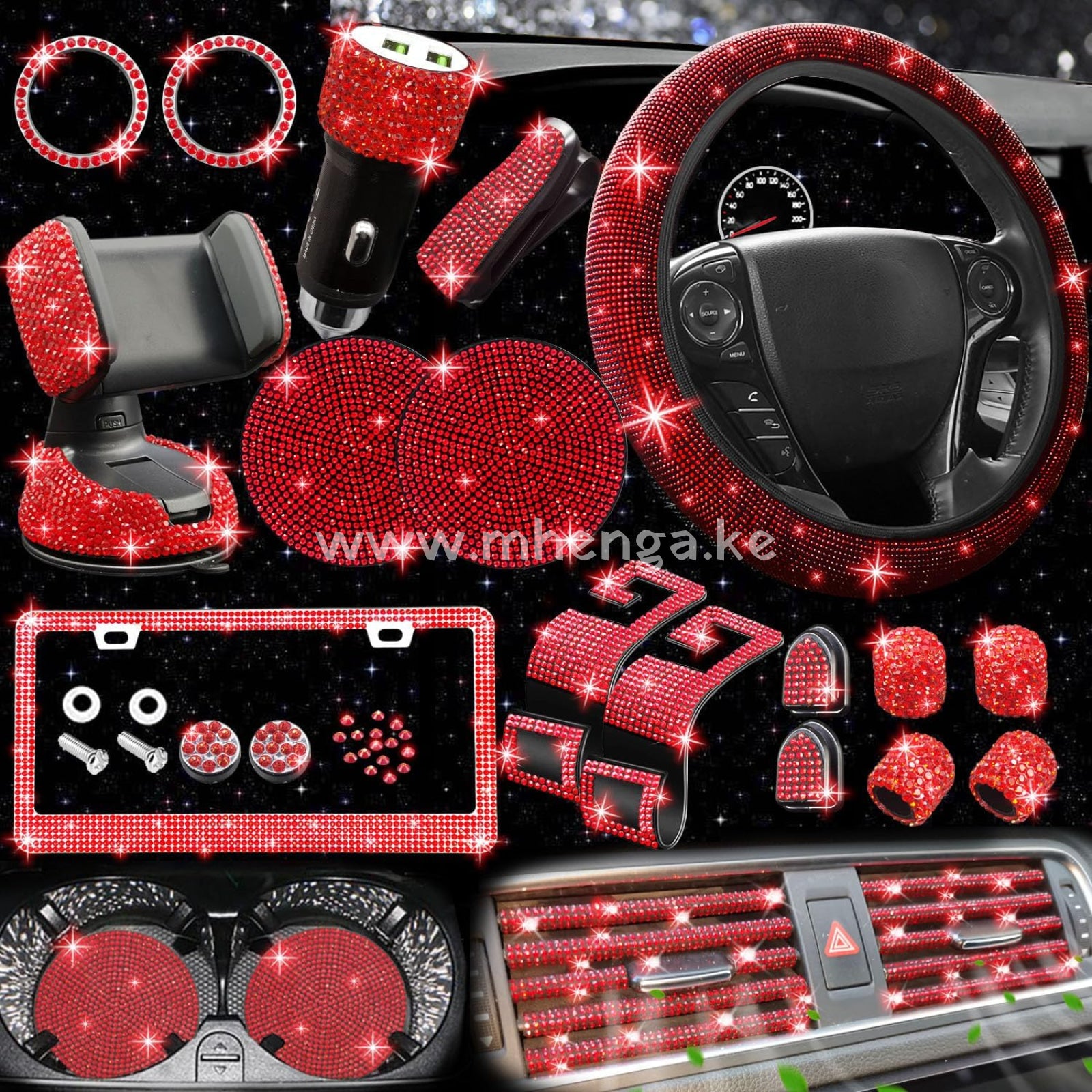 27 Pcs Bling Car Accessories Set For Women Steering Wheel Covers Universal Fit 15 Inch License