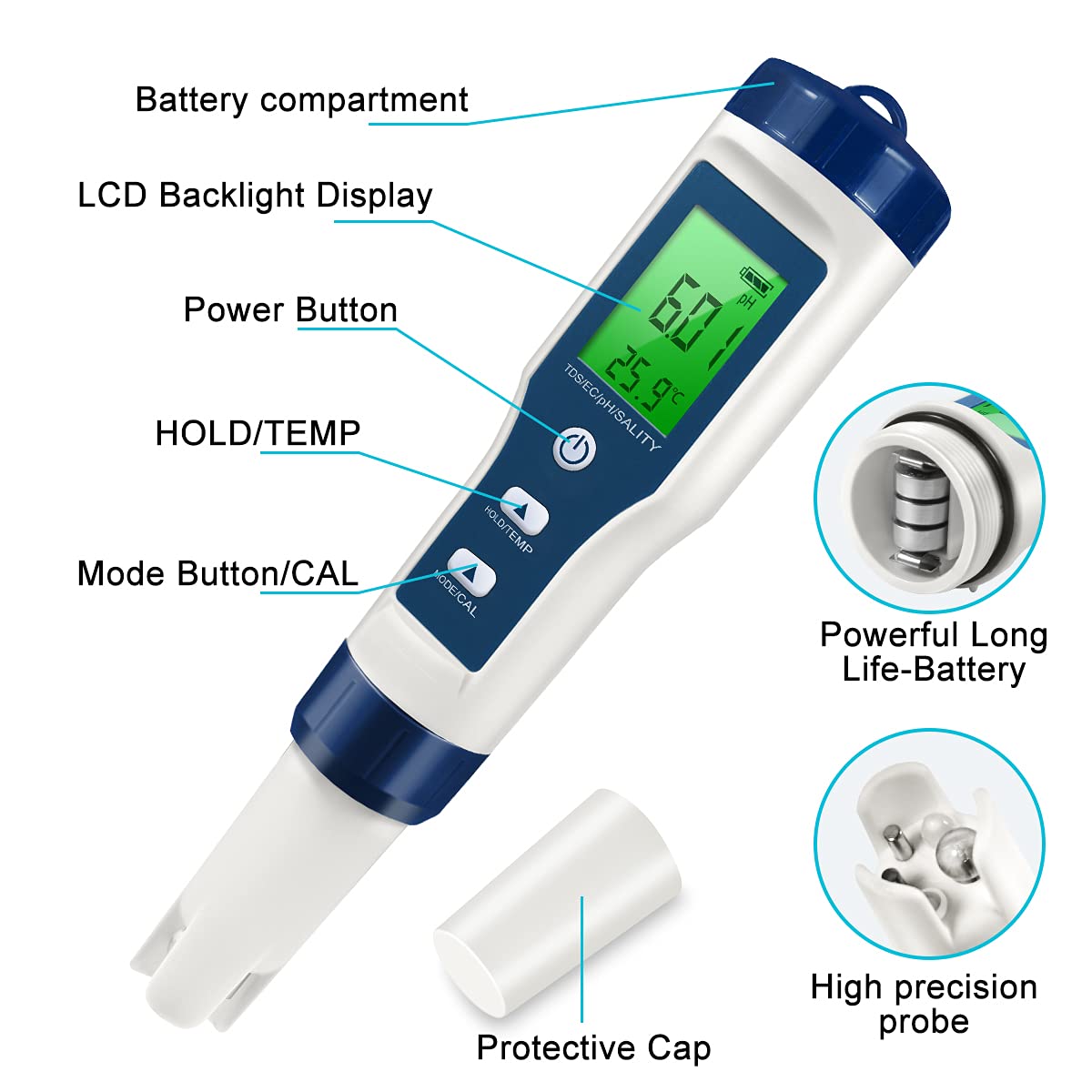 5 in 1 TDS Meter PH Tester, 0.01 High Accuracy Digital for Water, PH/TDS/EC/Salt/Temp PPM Water Tester Drinking Hydroponics, Plants, Aquarium and Pool, White