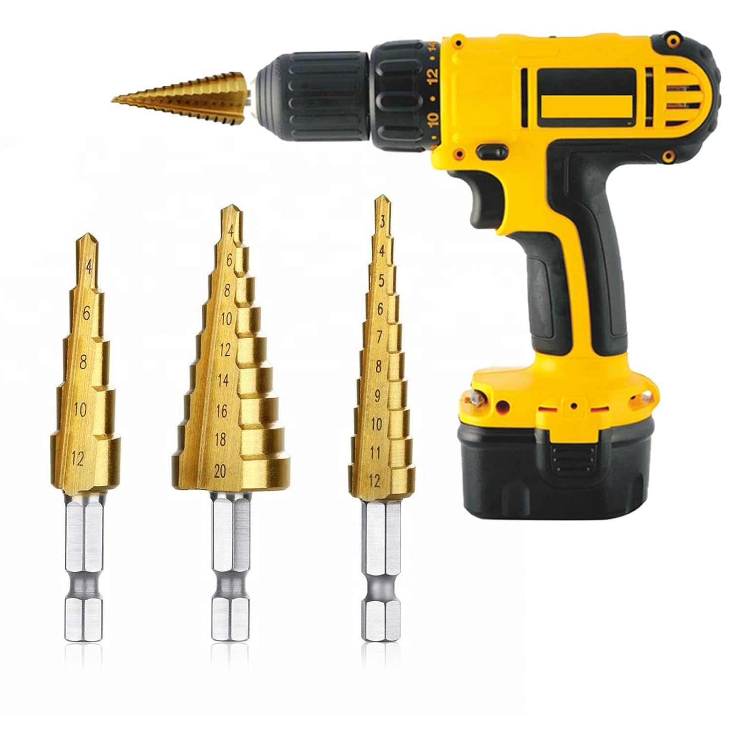 3Pcs Metric Titanium Coated Step Drill Bit Set, HSS Cone Drill Bit with 1/4" Hex Shank Drive Quick Change（3-12 mm 4-12 mm 4-20 mm）for DIY Woodworking, Plastic Wood