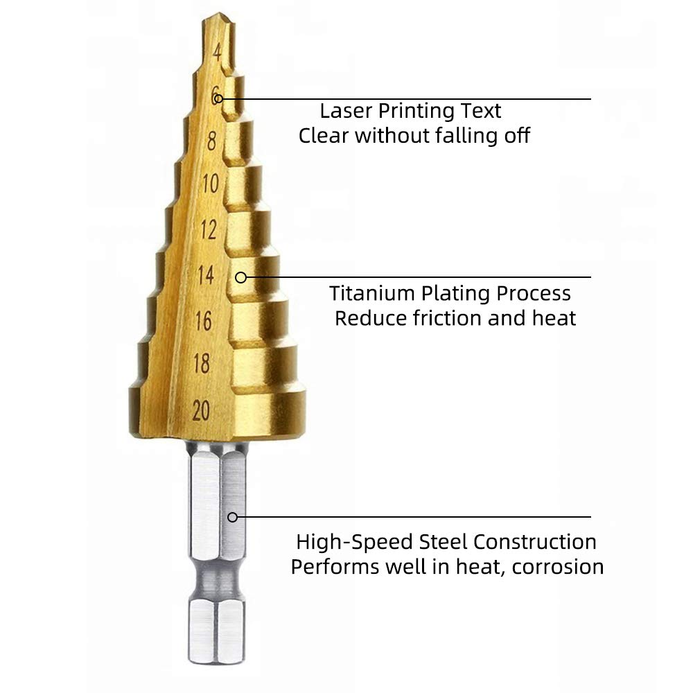 3Pcs Metric Titanium Coated Step Drill Bit Set, HSS Cone Drill Bit with 1/4" Hex Shank Drive Quick Change（3-12 mm 4-12 mm 4-20 mm）for DIY Woodworking, Plastic Wood