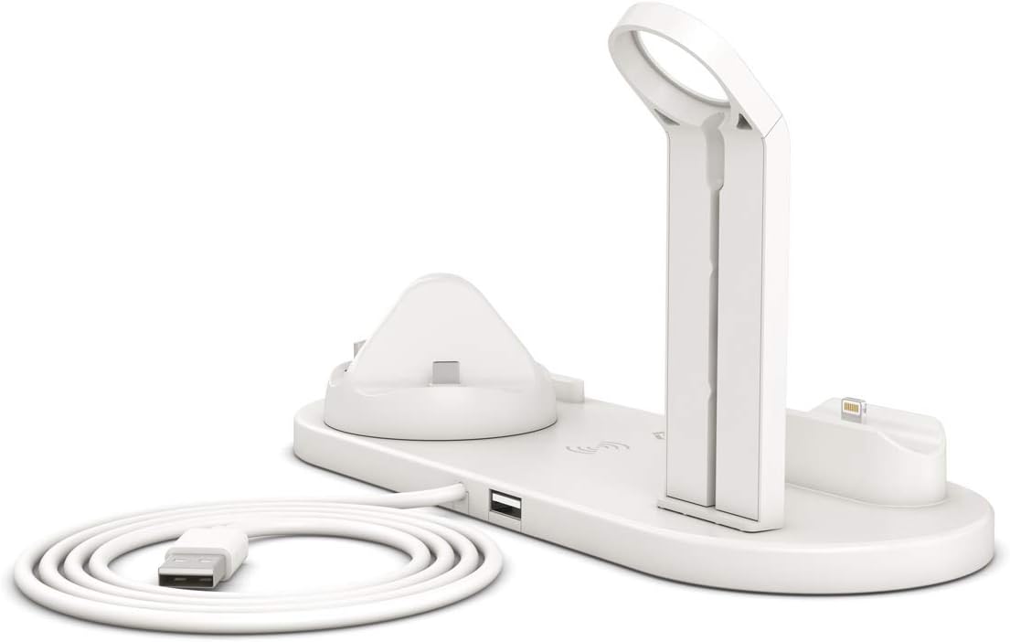 Wireless Charger Stand, 6 in 1 Multi-Function Wireless Charging Station Dock for Apple Watch Airpods, Qi Fast Wireless Charger Holder Pad for iPhone 11 Pro Max X XS XR and Android usb c Smartphone  (White)