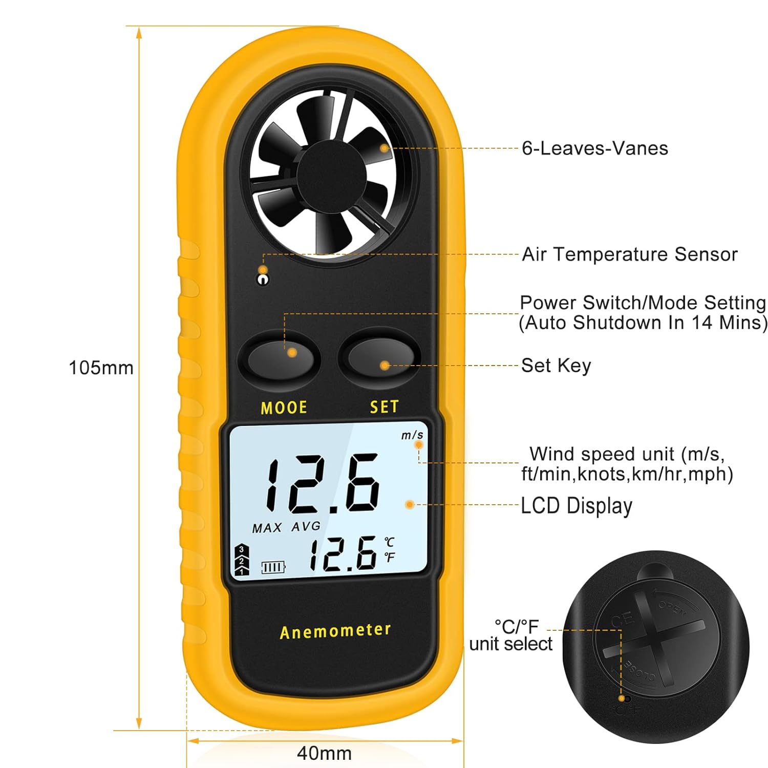 GM 816 Handheld Anemometer, Digital Wind Speed Meter Air Flow Meter for Measuring Wind Speed Temperature and Wind Chill, Portable Wind Gauge for HAVC Drone Sailing Fishing(LCD Backlight)