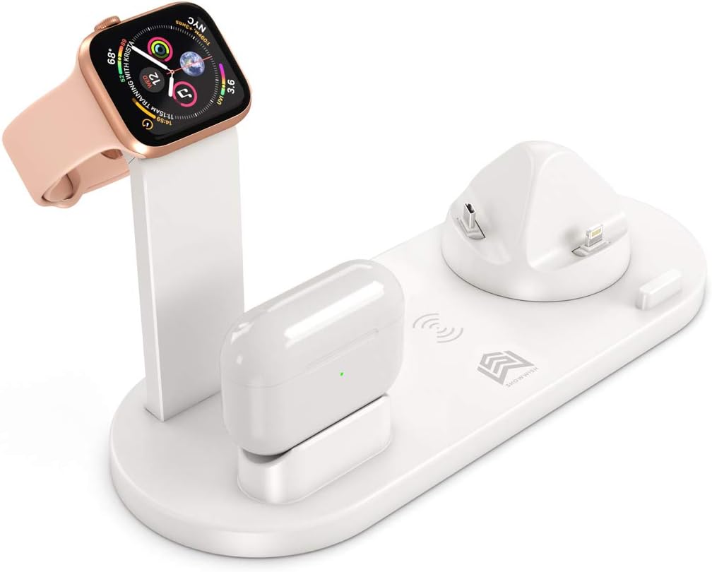 Wireless Charger Stand, 6 in 1 Multi-Function Wireless Charging Station Dock for Apple Watch Airpods, Qi Fast Wireless Charger Holder Pad for iPhone 11 Pro Max X XS XR and Android usb c Smartphone  (White)