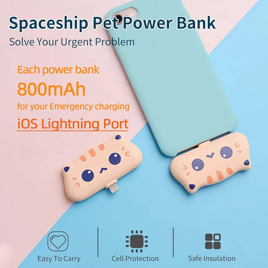 Small Cute Portable Charger, 2 pcs Cute Cat Mini Power Bank with LED Night Light External iOS Portable Phone Charger Battery Pack Emergency Cute Battery Pack Compatible with iPhone 14 (iOS Lightning)