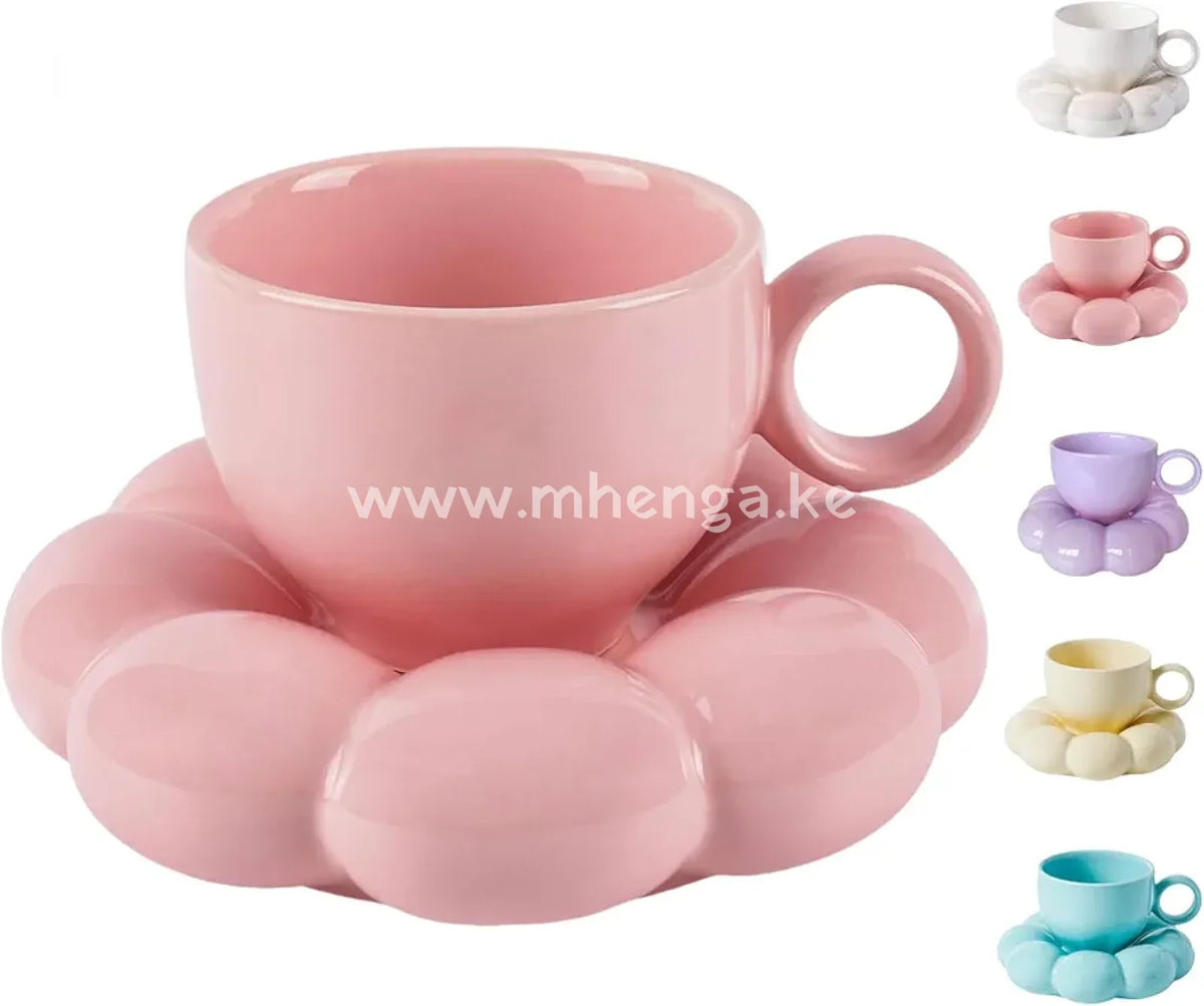 Ceramic Cloud Mug Coffee With Sunflower Coaster- Flower Cups Novelty Set Saucer And Spoon- 6.5