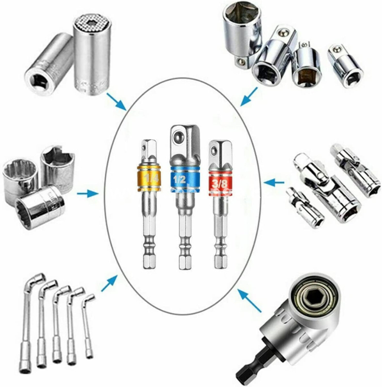 Impact Grade Socket Adapter 3 Pack Set 1/4’’ 3/8’’ And 1/2’’ Drive To Drill Adapater