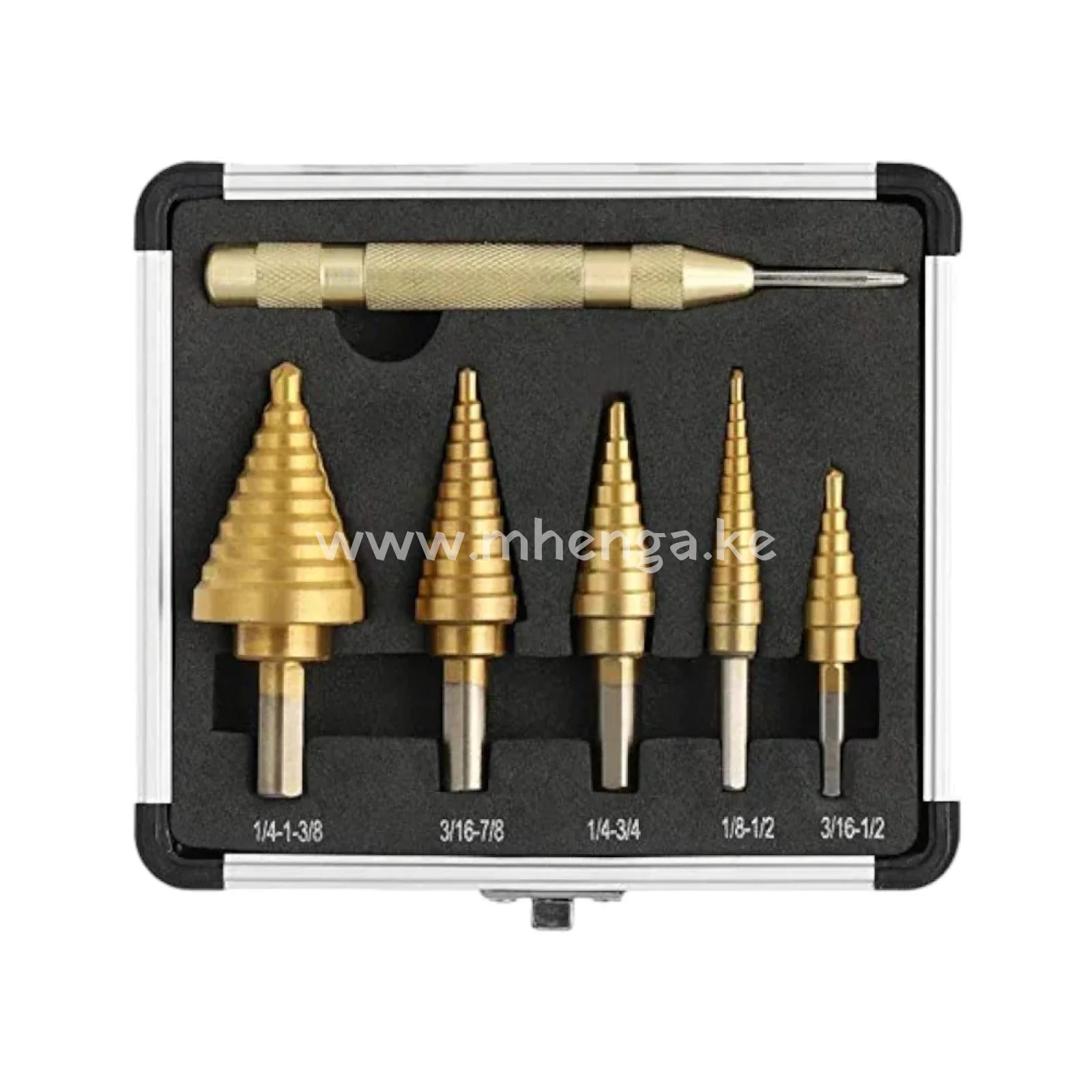 Step Cone Drill Bit Set & Automatic Center Punch- Unibit Titanium Coated Double Cutting Blades High