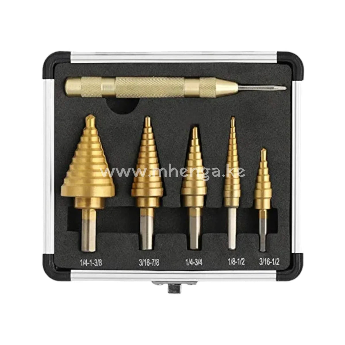 Step Cone Drill Bit Set & Automatic Center Punch- Unibit Titanium Coated Double Cutting Blades High