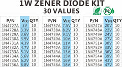 30 Values 300pc 1W Zener Diode Assorted Kit (3V 3.3V 3.6V 3.9V 4.3V 4.7V 5.1V 5.6V 6.2V 6.8V 7.5V 8.2V 9.1V 10V 11V 12V 13V 15V 16V 18V 20V 22V 24V 27V 30V 33V 36V 39V 43V 47V) Assortment Set