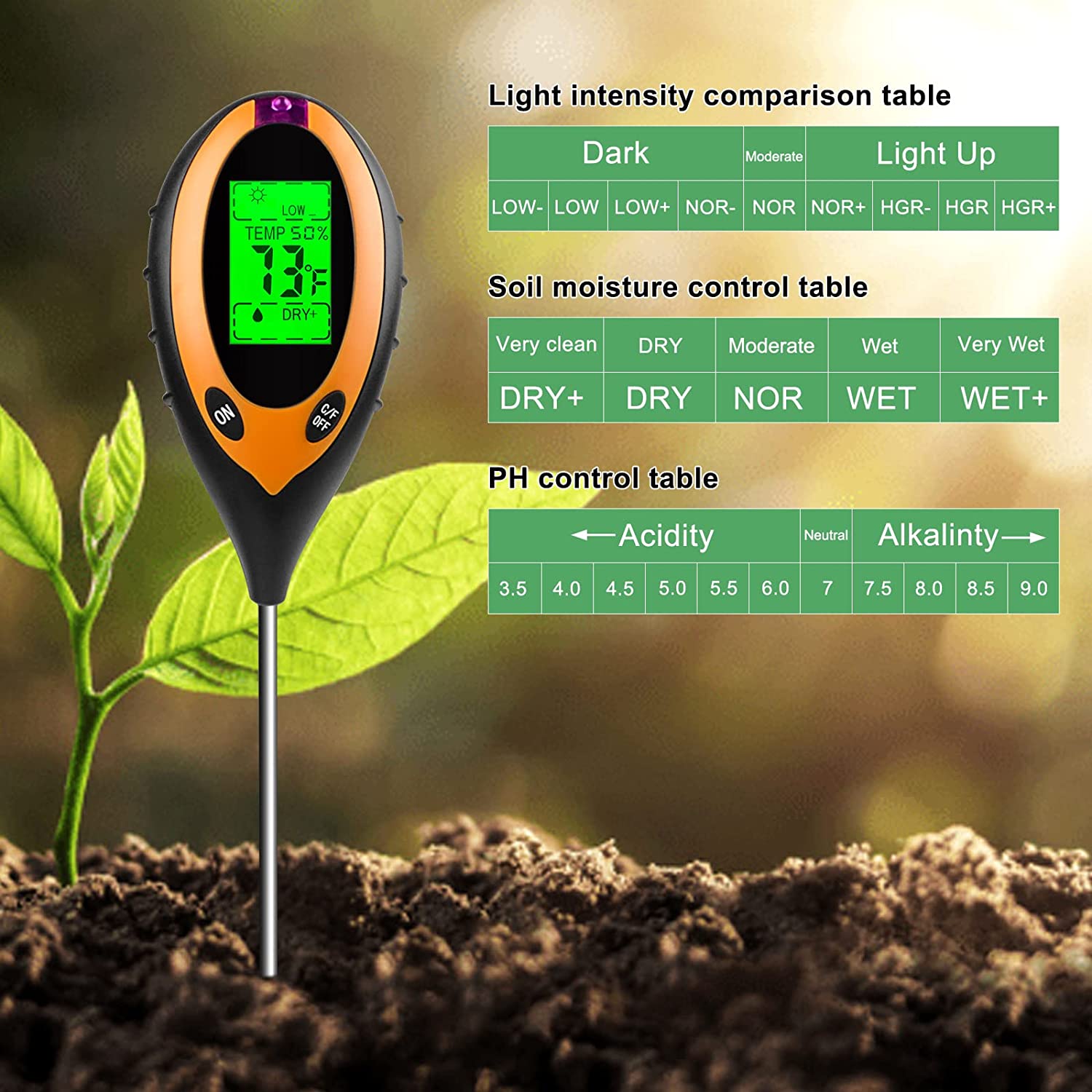 Soil PH Tester, 4 in 1 PH Light Moisture Acidity Tester Soil Tester Moisture Meter Plant Soil Tester Kit for Gardening, Farming, Indoor and Outdoor Plants