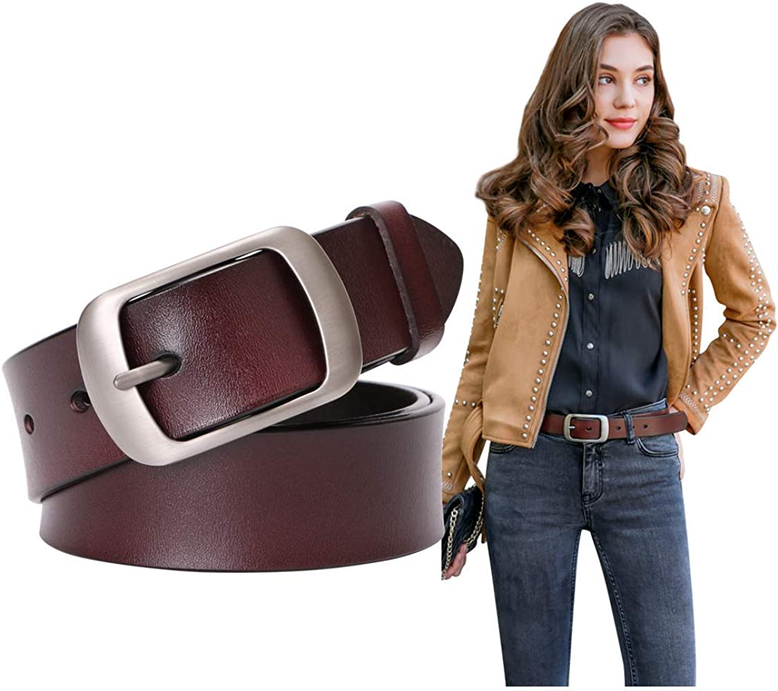 Womens Genuine Leather Belt, Cowhide Waist Belt with Pin Buckle for Jeans Pants